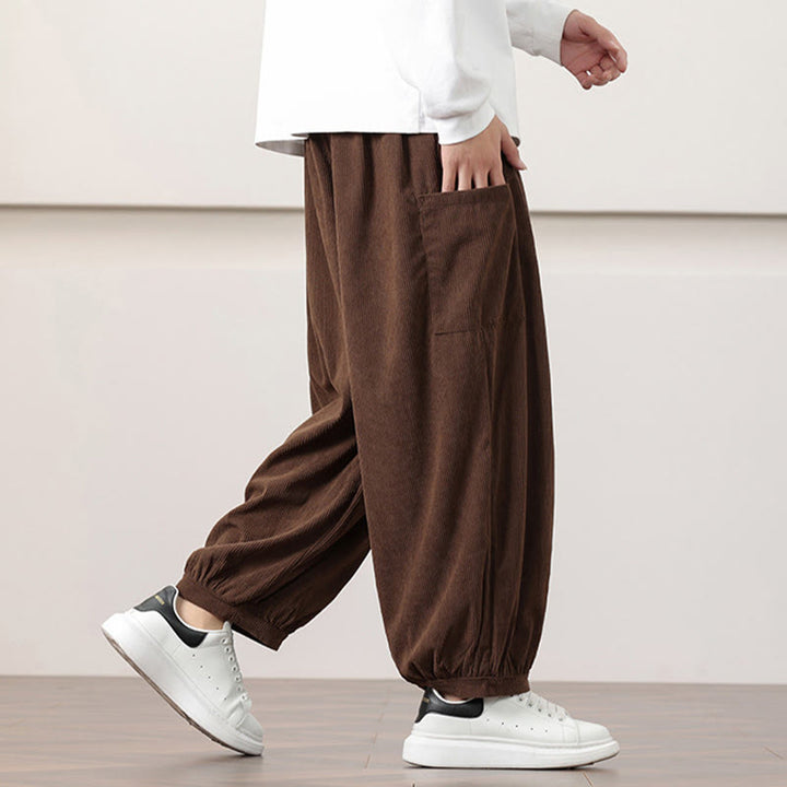 Buddha Stones Solid Color Corduroy Drawstring Men's Harem Pants With Pockets - image 40