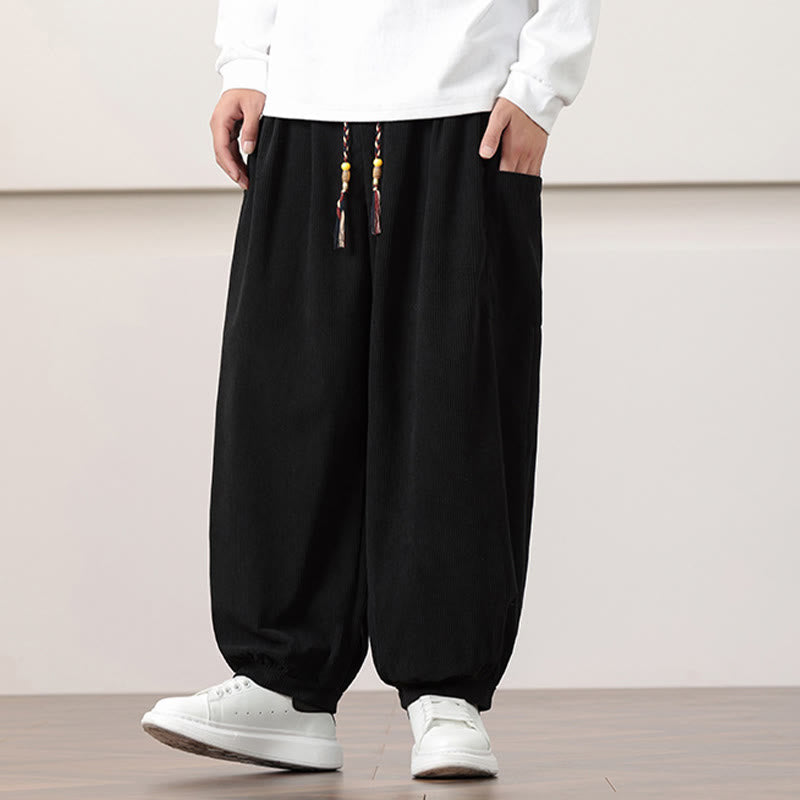 Buddha Stones Solid Color Corduroy Drawstring Men's Harem Pants With Pockets - image 12