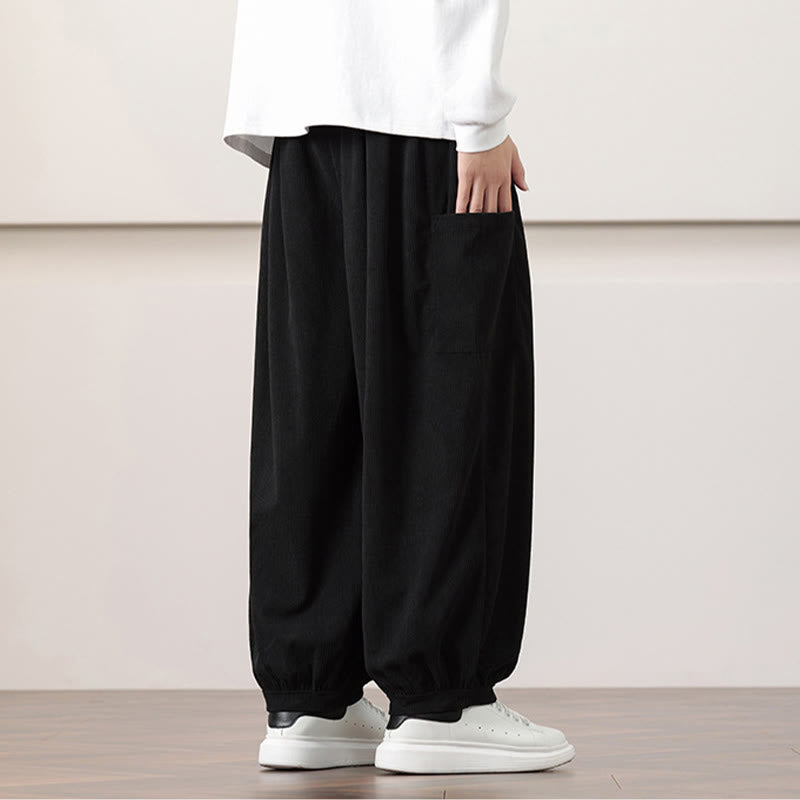 Buddha Stones Solid Color Corduroy Drawstring Men's Harem Pants With Pockets - image 14