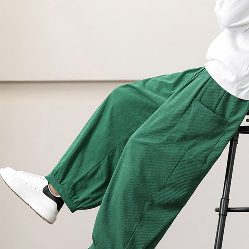Buddha Stones Solid Color Corduroy Drawstring Men's Harem Pants With Pockets - image 36