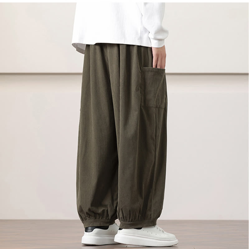 Buddha Stones Solid Color Corduroy Drawstring Men's Harem Pants With Pockets - image 6