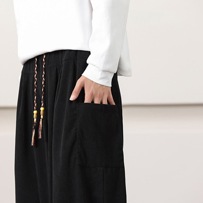 Buddha Stones Solid Color Corduroy Drawstring Men's Harem Pants With Pockets - image 18