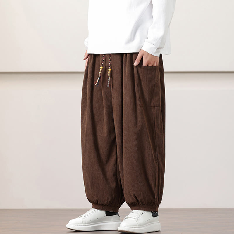 Buddha Stones Solid Color Corduroy Drawstring Men's Harem Pants With Pockets - image 38