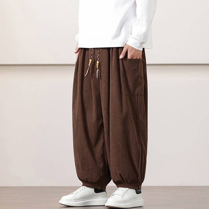 Buddha Stones Solid Color Corduroy Drawstring Men's Harem Pants With Pockets - image 38