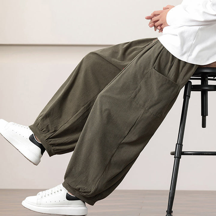 Buddha Stones Solid Color Corduroy Drawstring Men's Harem Pants With Pockets - image 8