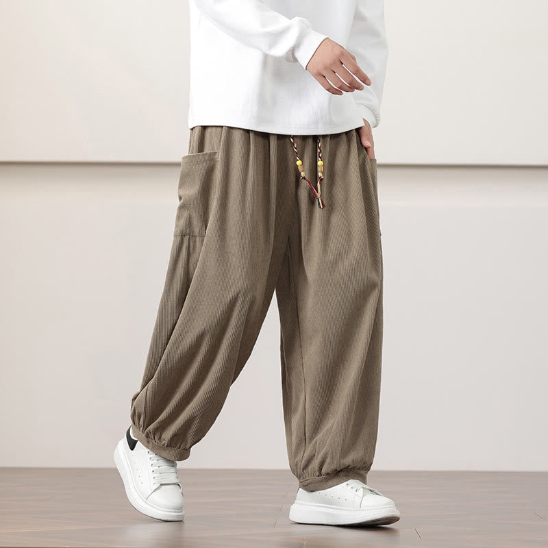 Buddha Stones Solid Color Corduroy Drawstring Men's Harem Pants With Pockets - image 25