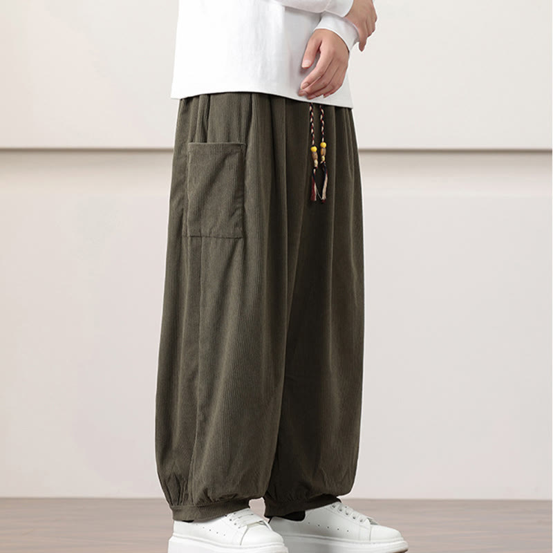 Buddha Stones Solid Color Corduroy Drawstring Men's Harem Pants With Pockets - image 3
