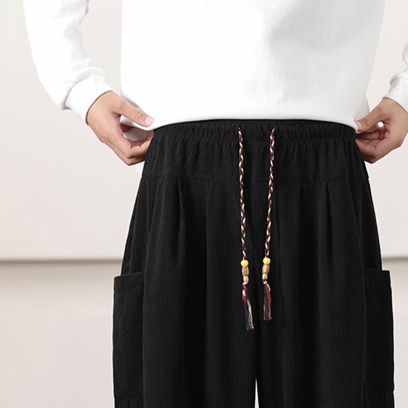 Buddha Stones Solid Color Corduroy Drawstring Men's Harem Pants With Pockets - image 17