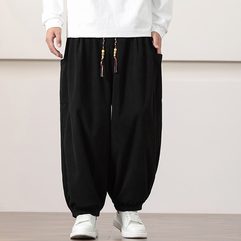 Buddha Stones Solid Color Corduroy Drawstring Men's Harem Pants With Pockets - image 11