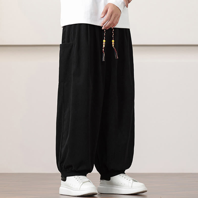 Buddha Stones Solid Color Corduroy Drawstring Men's Harem Pants With Pockets - image 11