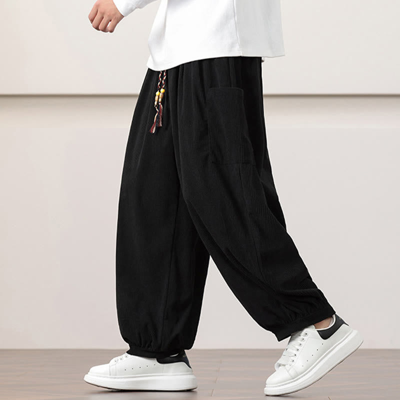 Buddha Stones Solid Color Corduroy Drawstring Men's Harem Pants With Pockets - image 13