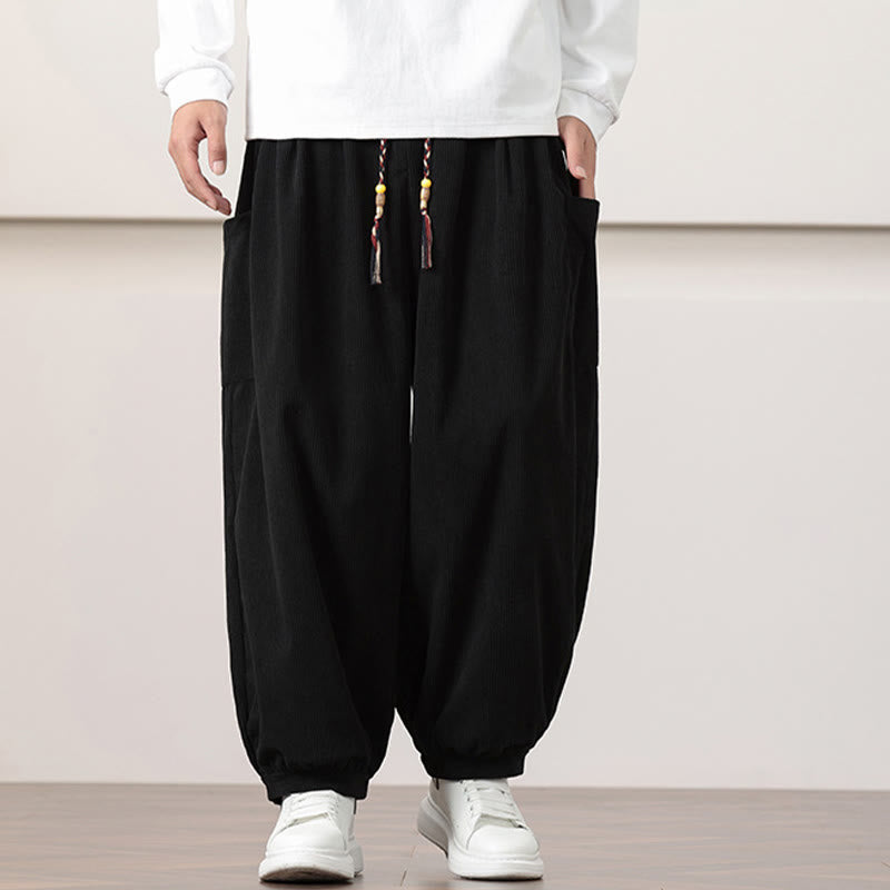 Buddha Stones Solid Color Corduroy Drawstring Men's Harem Pants With Pockets - image 10