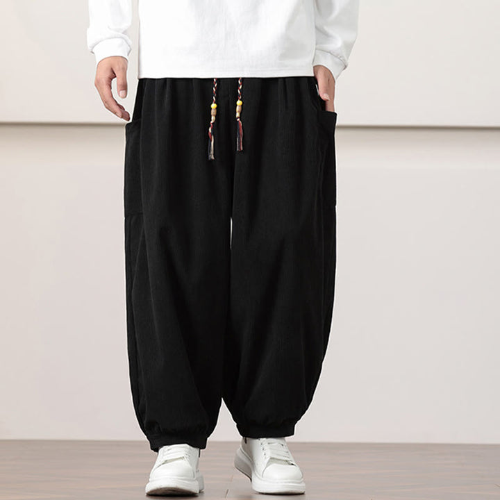 Buddha Stones Solid Color Corduroy Drawstring Men's Harem Pants With Pockets - image 10