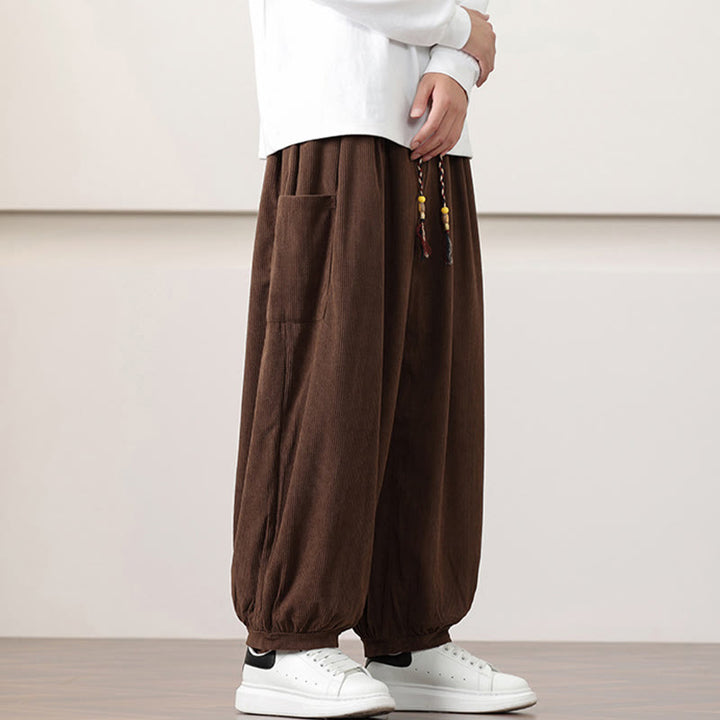 Buddha Stones Solid Color Corduroy Drawstring Men's Harem Pants With Pockets - image 38