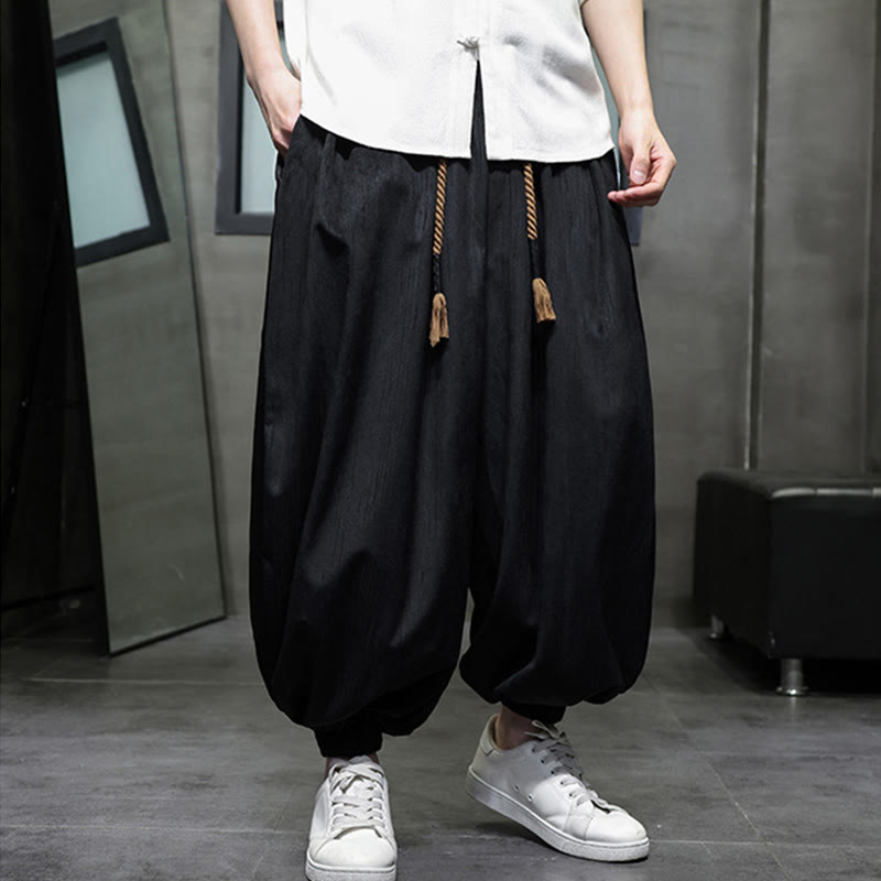 Buddha Stones Solid Color Corduroy Drawstring Thermal Men's Harem Pants With Pockets - image 8