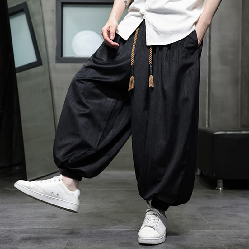 Buddha Stones Solid Color Corduroy Drawstring Thermal Men's Harem Pants With Pockets - image 7