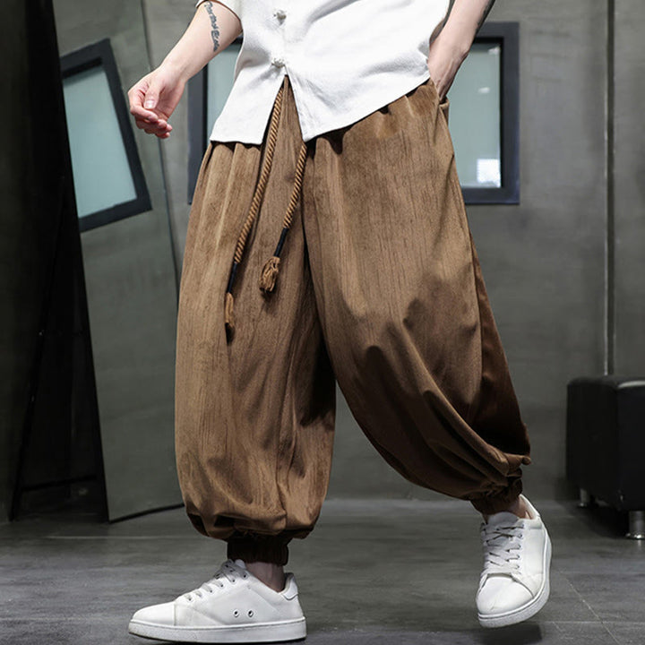Buddha Stones Solid Color Corduroy Drawstring Thermal Men's Harem Pants With Pockets - image 10