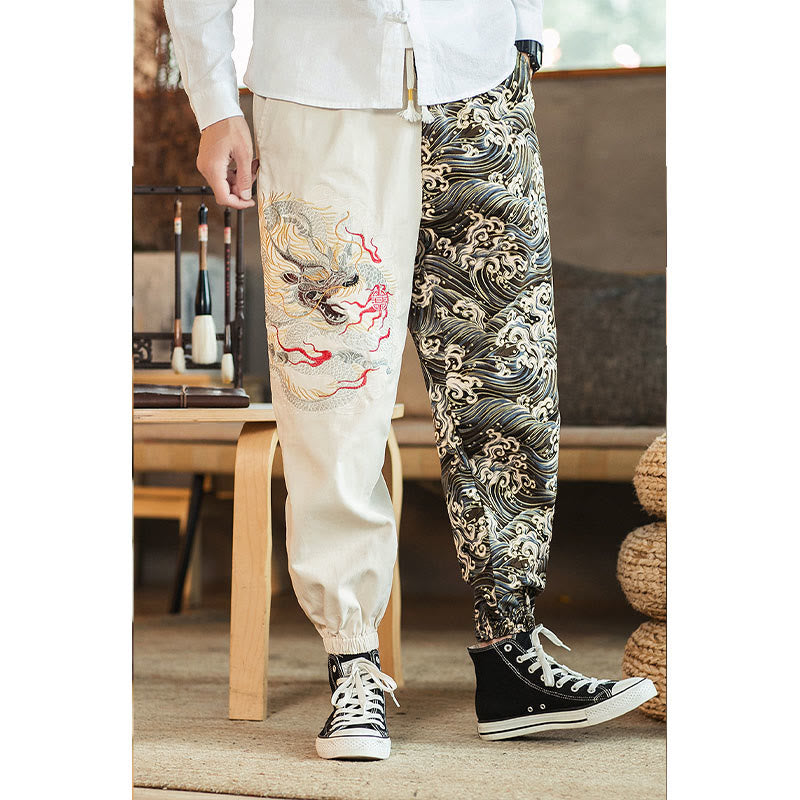 Buddha Stones Dragon Pattern Two-tone Men's Pants With Pockets