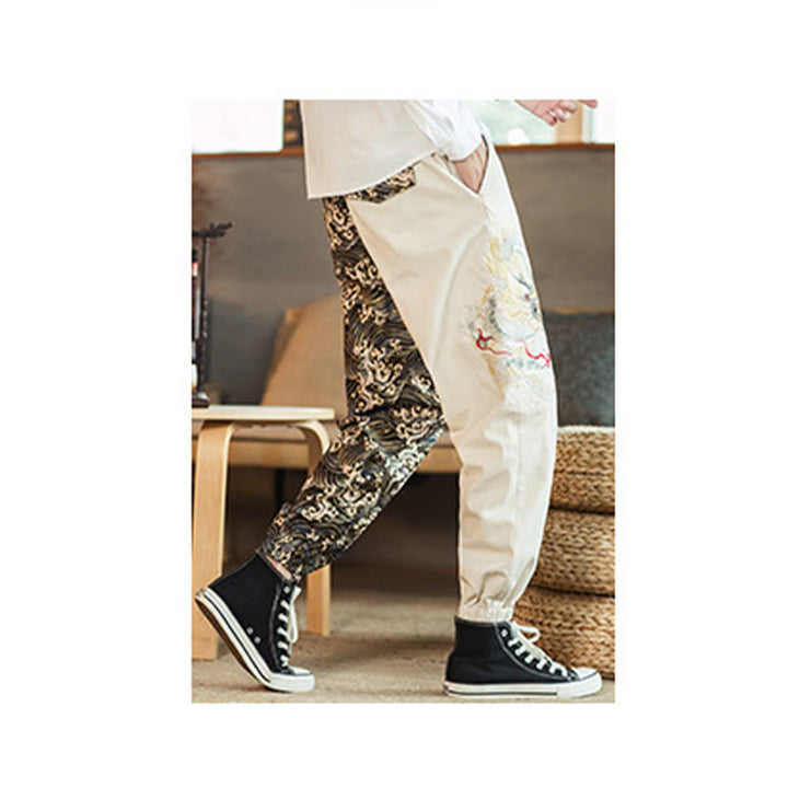 Buddha Stones Dragon Pattern Two-tone Men's Pants With Pockets