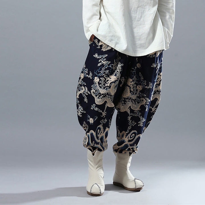 Buddha Stones Chinese Dragon Printed Elastic Waist Ethnic Cotton Linen Men's Pants With Pockets