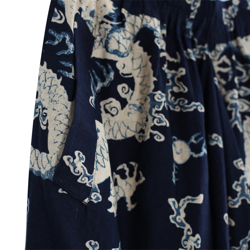 Buddha Stones Chinese Dragon Printed Elastic Waist Ethnic Cotton Linen Men's Pants With Pockets - image 8