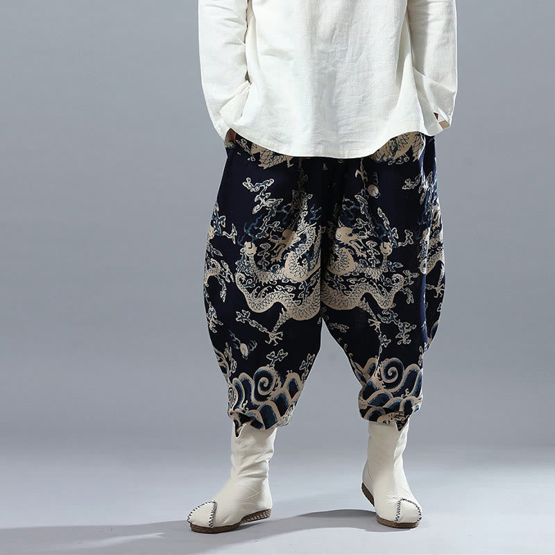 Buddha Stones Chinese Dragon Printed Elastic Waist Ethnic Cotton Linen Men's Pants With Pockets - image 3