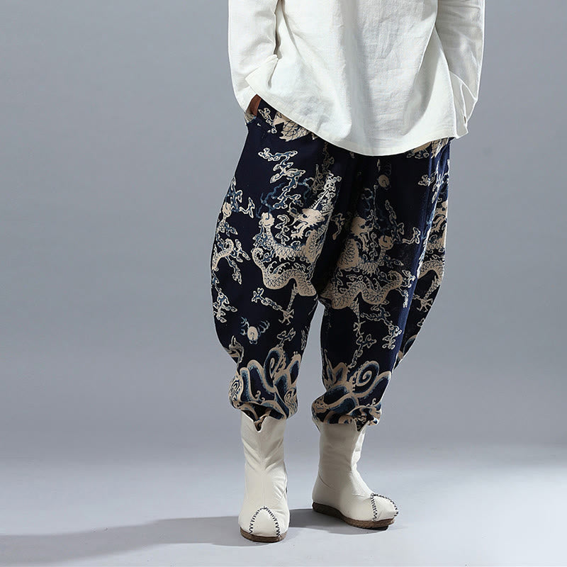 Buddha Stones Chinese Dragon Printed Elastic Waist Ethnic Cotton Linen Men's Pants With Pockets - image 5