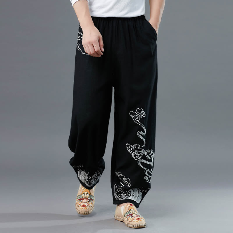 Buddha Stones Clouds Elastic Waist Ethnic Cotton Men's Pants With Pockets - image 4