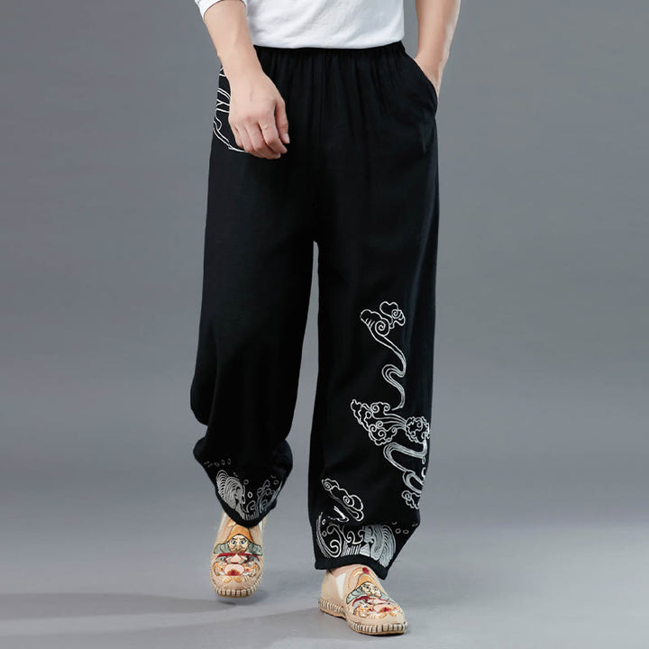 Buddha Stones Clouds Elastic Waist Ethnic Cotton Men's Pants With Pockets - image 4