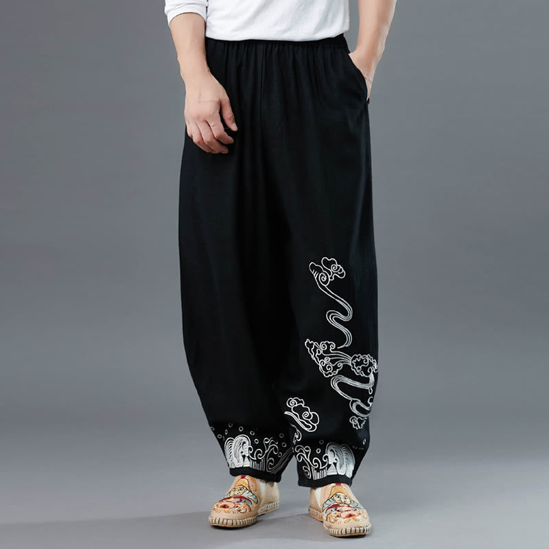 Buddha Stones Clouds Elastic Waist Ethnic Cotton Men's Pants With Pockets