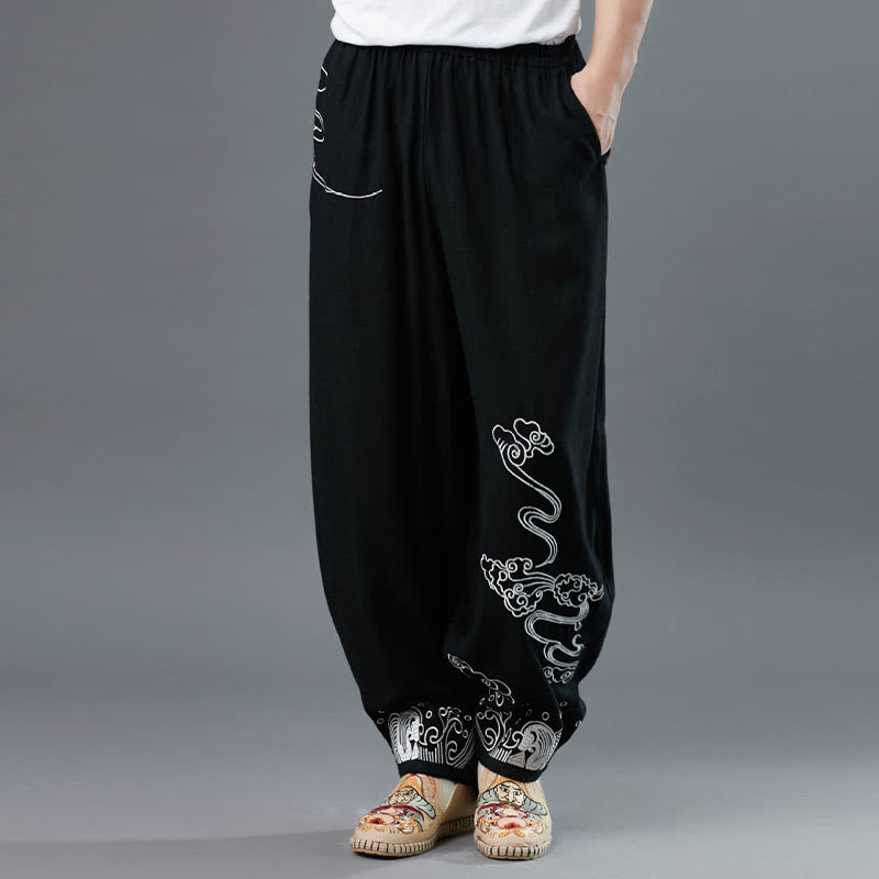 Buddha Stones Clouds Elastic Waist Ethnic Cotton Men's Pants With Pockets