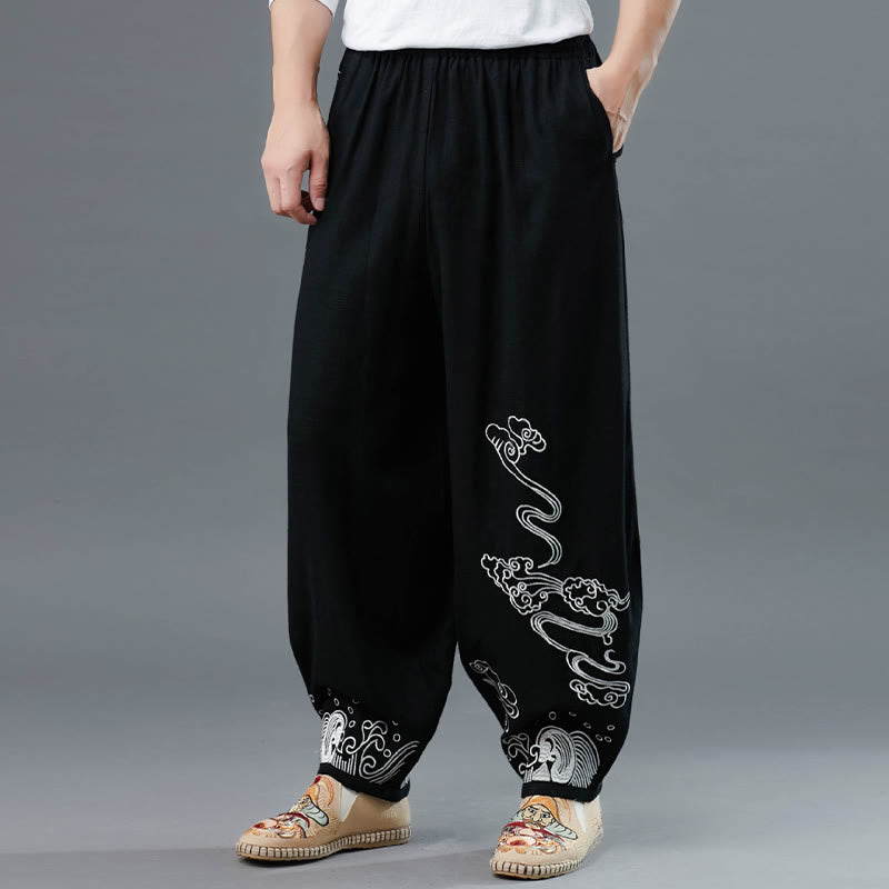 Buddha Stones Clouds Elastic Waist Ethnic Cotton Men's Pants With Pockets - image 7