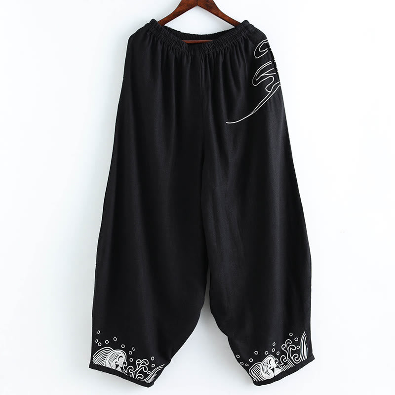 Buddha Stones Clouds Elastic Waist Ethnic Cotton Men's Pants With Pockets