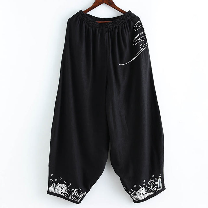 Buddha Stones Clouds Elastic Waist Ethnic Cotton Men's Pants With Pockets