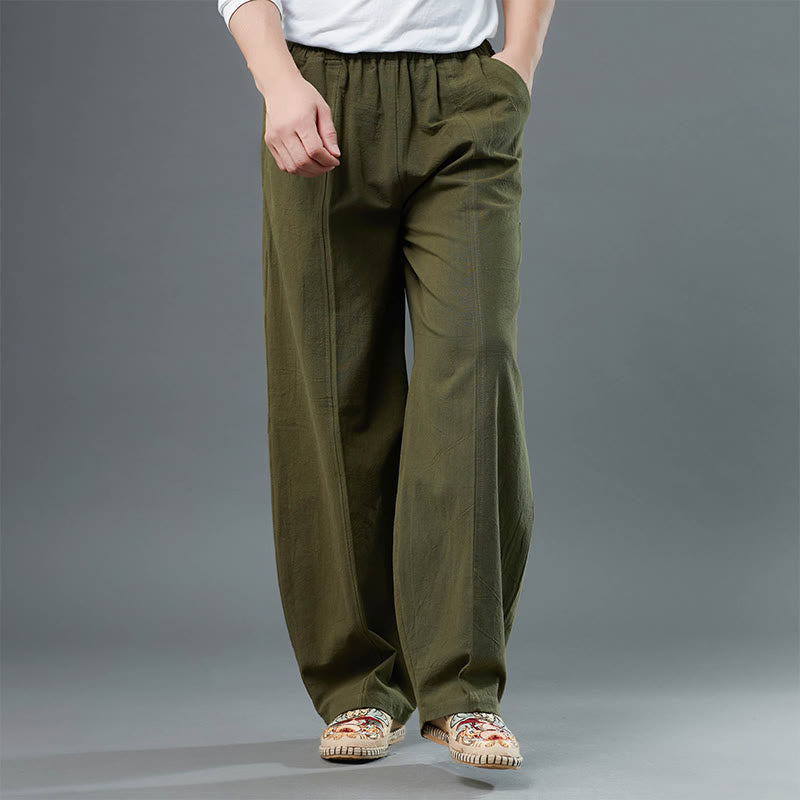 Buddha Stones Casual Solid Color Cotton Linen Men's Pants With Pockets