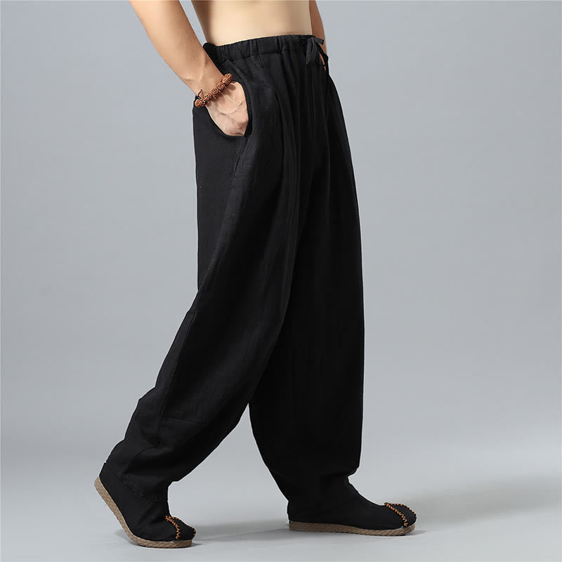 Buddha Stones Casual Solid Color Drawstring Cotton Linen Men's Pants With Pockets - image 16