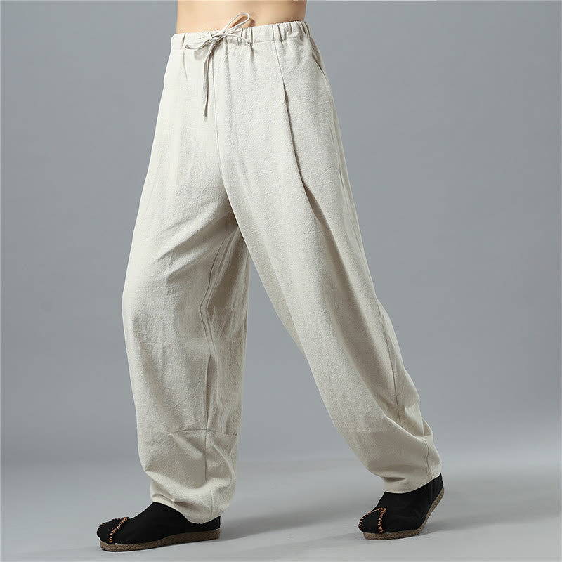 Buddha Stones Casual Solid Color Drawstring Cotton Linen Men's Pants With Pockets - image 26