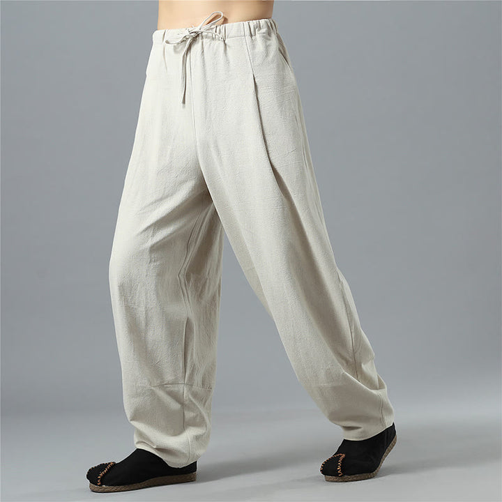 Buddha Stones Casual Solid Color Drawstring Cotton Linen Men's Pants With Pockets - image 26