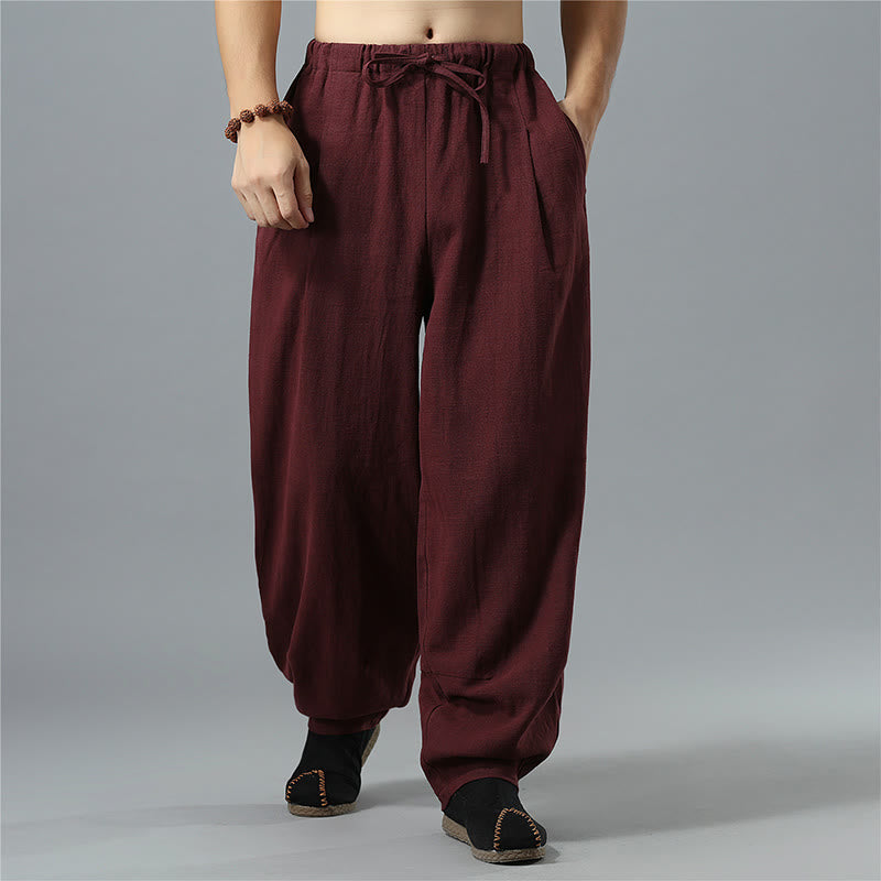 Buddha Stones Casual Solid Color Drawstring Cotton Linen Men's Pants With Pockets