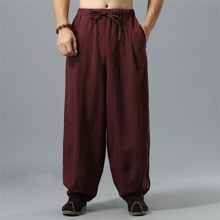 Buddha Stones Casual Solid Color Drawstring Cotton Linen Men's Pants With Pockets - image 18