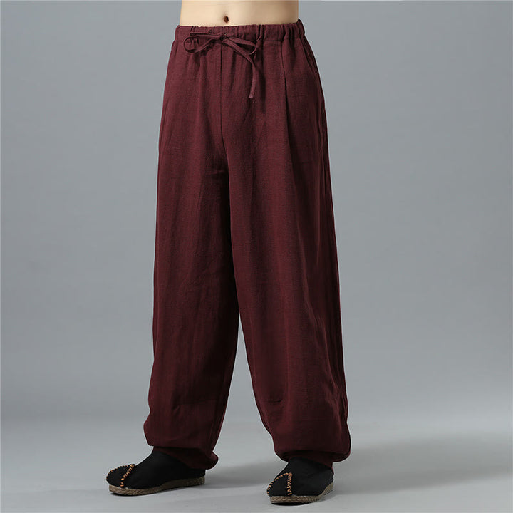 Buddha Stones Casual Solid Color Drawstring Cotton Linen Men's Pants With Pockets - image 20