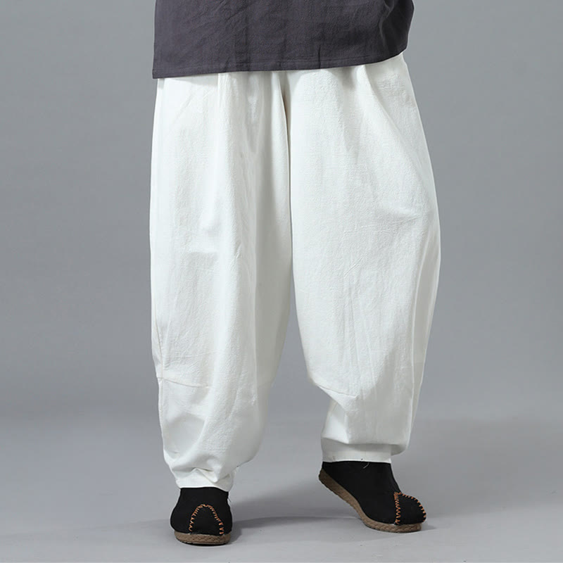 Buddha Stones Casual Solid Color Drawstring Cotton Linen Men's Pants With Pockets