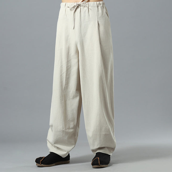 Buddha Stones Casual Solid Color Drawstring Cotton Linen Men's Pants With Pockets