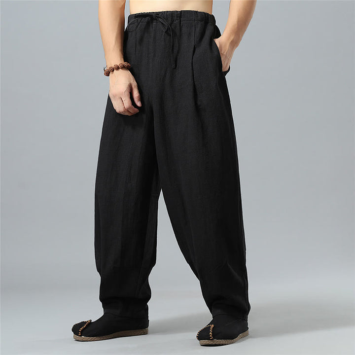 Buddha Stones Casual Solid Color Drawstring Cotton Linen Men's Pants With Pockets - image 11