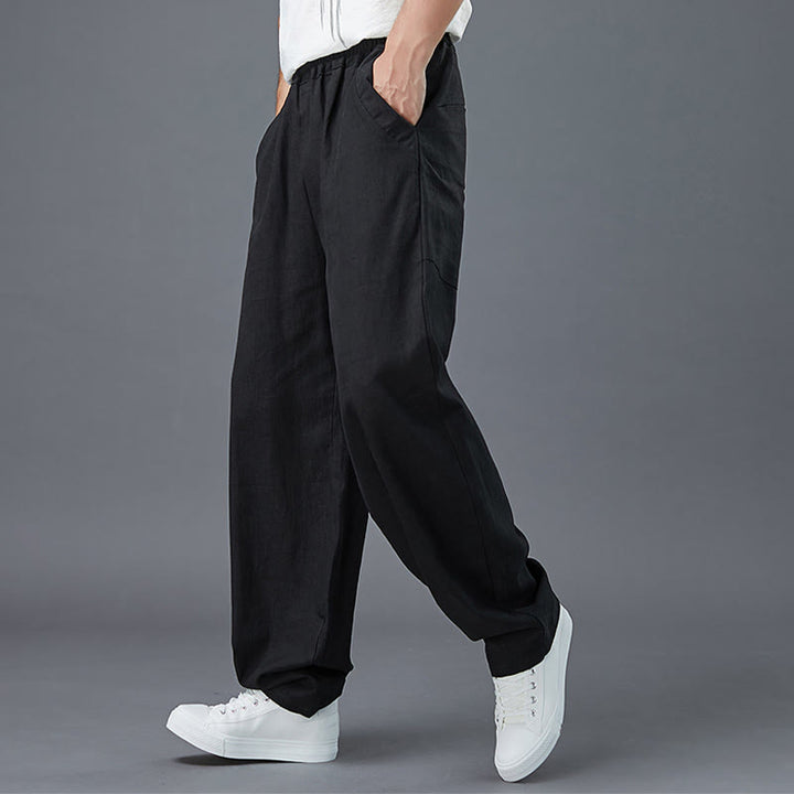 Buddha Stones Plain Color Elastic Waist Ramie Linen Men's Pants With Pockets