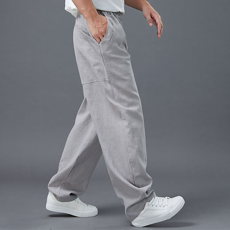 Buddha Stones Plain Color Elastic Waist Ramie Linen Men's Pants With Pockets