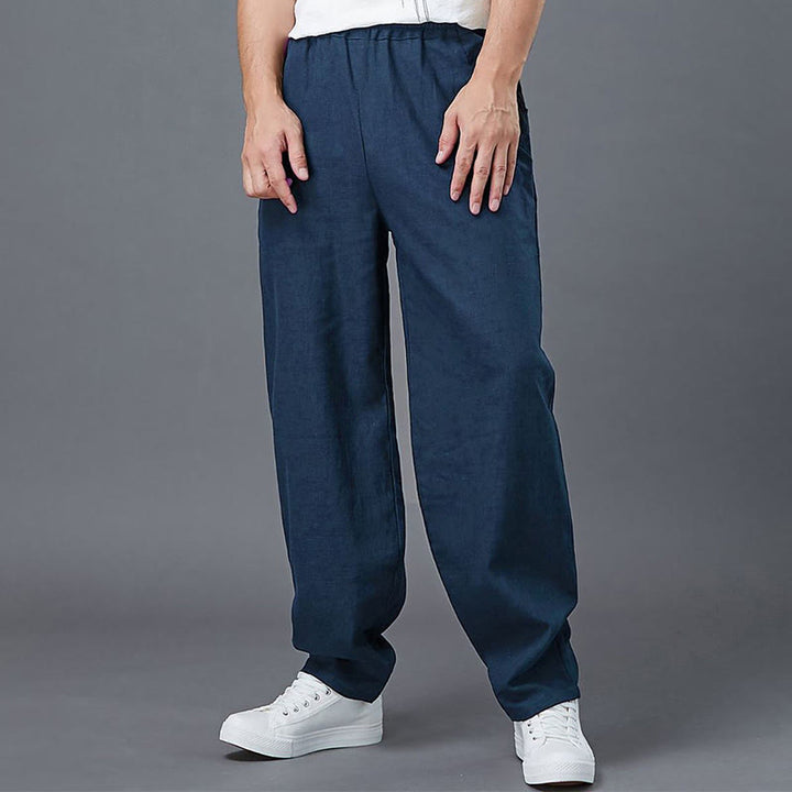 Buddha Stones Plain Color Elastic Waist Ramie Linen Men's Pants With Pockets