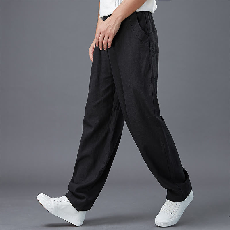 Buddha Stones Plain Color Elastic Waist Ramie Linen Men's Pants With Pockets