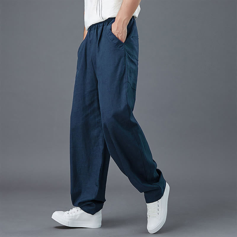 Buddha Stones Plain Color Elastic Waist Ramie Linen Men's Pants With Pockets