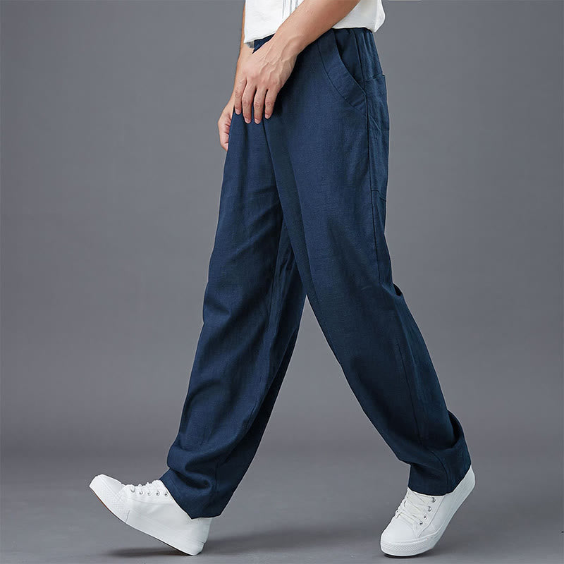 Buddha Stones Plain Color Elastic Waist Ramie Linen Men's Pants With Pockets